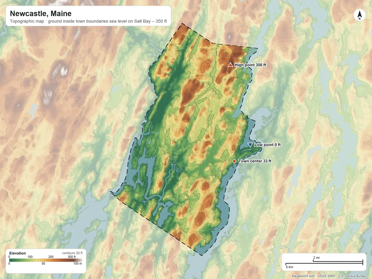 Topographic elevation map of Newcastle, Maine, shaded from sea level level on Salt Bay to 350 ft on Hunt Hill
