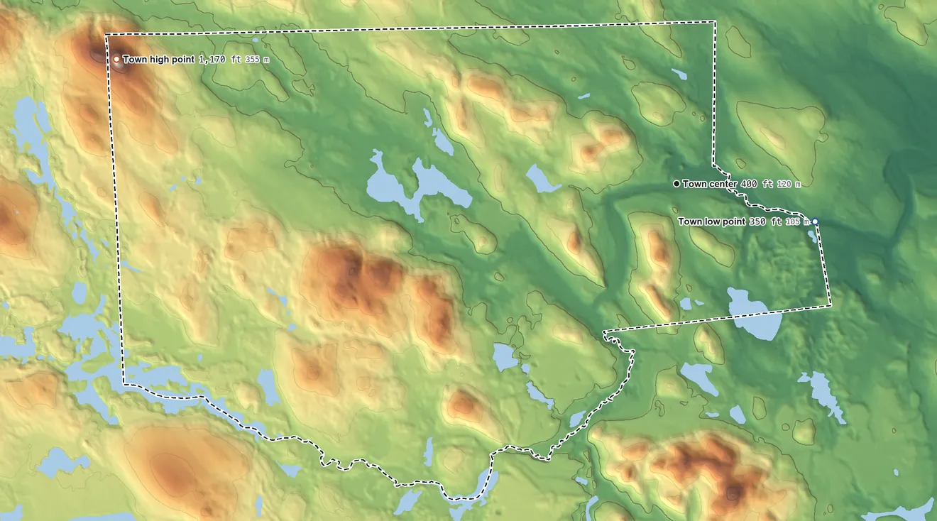 Topographic elevation map of Newfield, Maine, shaded from 350 ft on the east side to 1,170 ft on Province Mountain