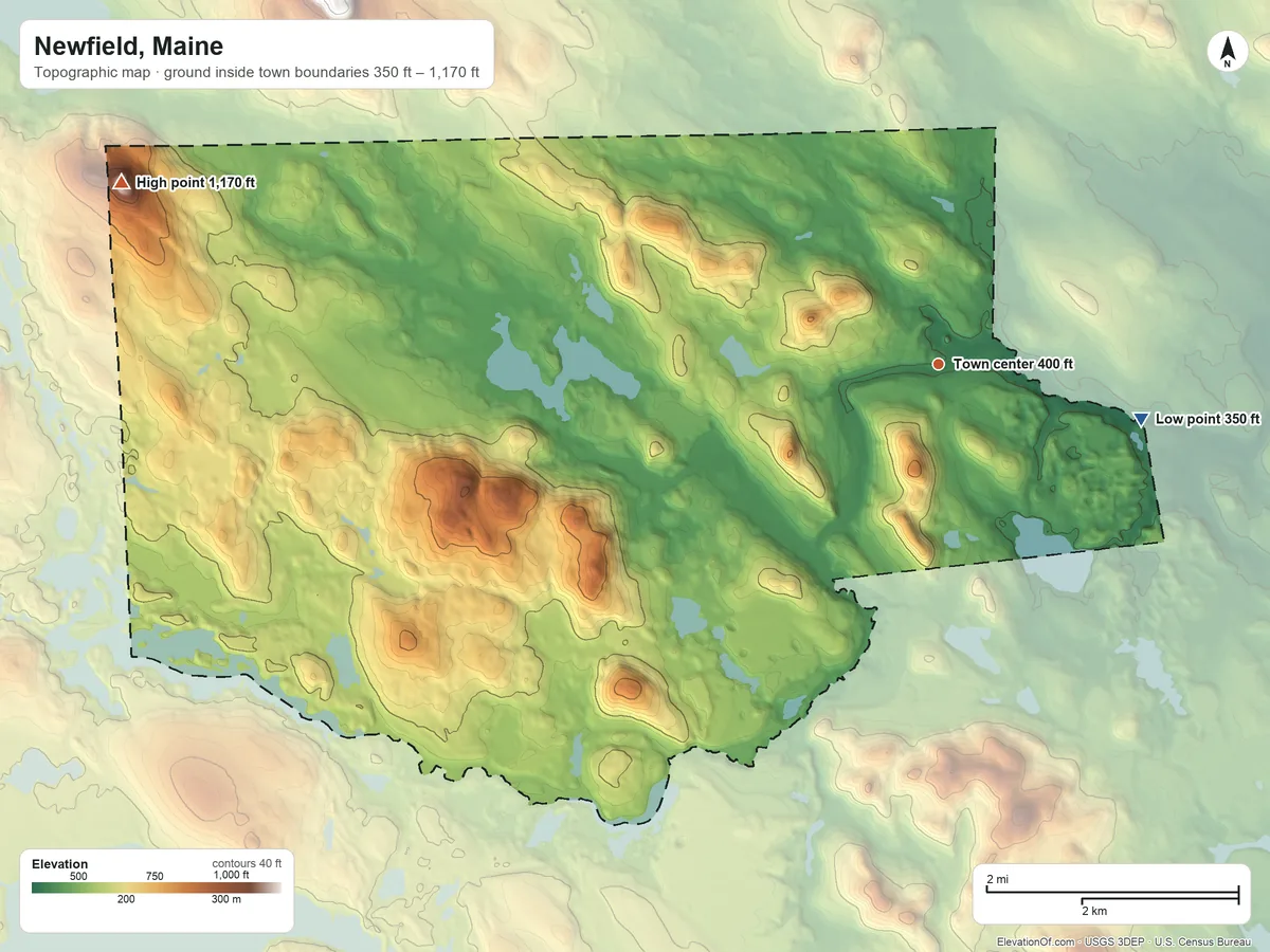 Topographic elevation map of Newfield, Maine, shaded from 350 ft on the east side to 1,170 ft on Province Mountain