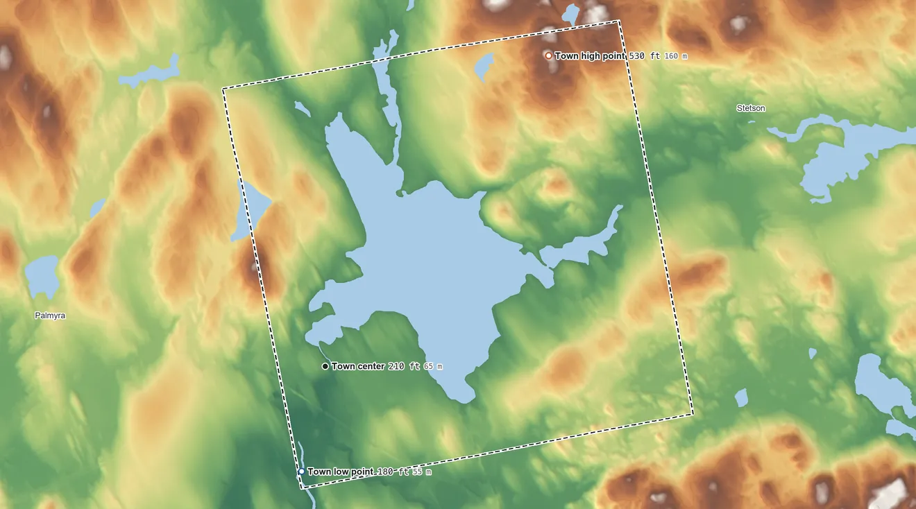 Topographic elevation map of Newport, Maine, shaded from 180 ft on the south side to 530 ft on the northeast side