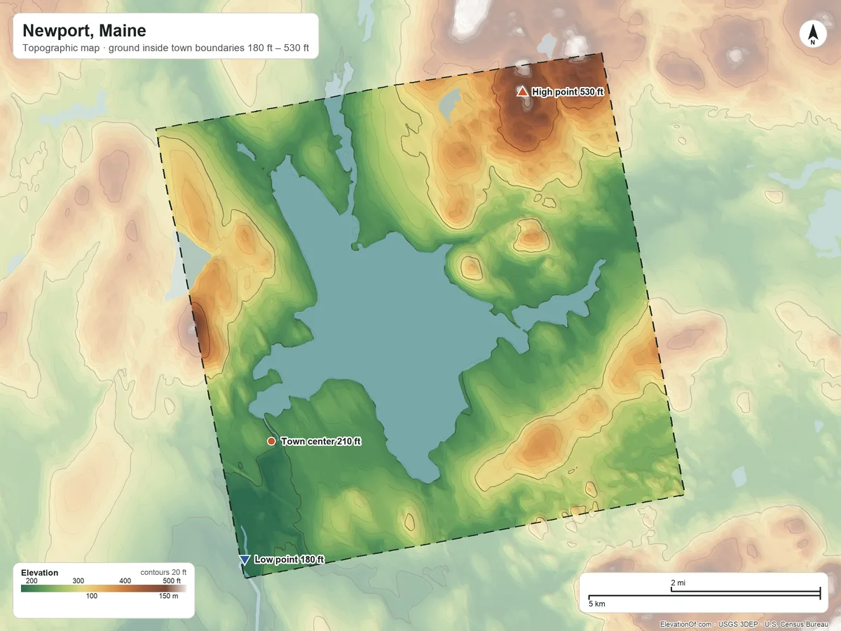 Topographic elevation map of Newport, Maine, shaded from 180 ft on the south side to 530 ft on the northeast side