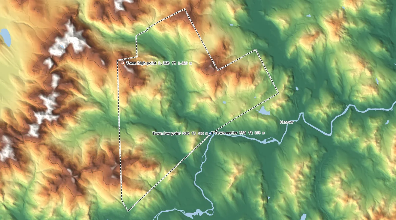 Topographic elevation map of Newry, Maine, shaded from 630 ft near the middle to 3,360 ft on Sunday River Whitecap