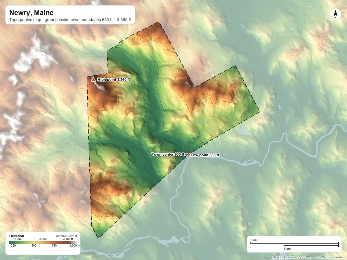 Topographic elevation map of Newry, Maine, shaded from 630 ft near the middle to 3,360 ft on Sunday River Whitecap