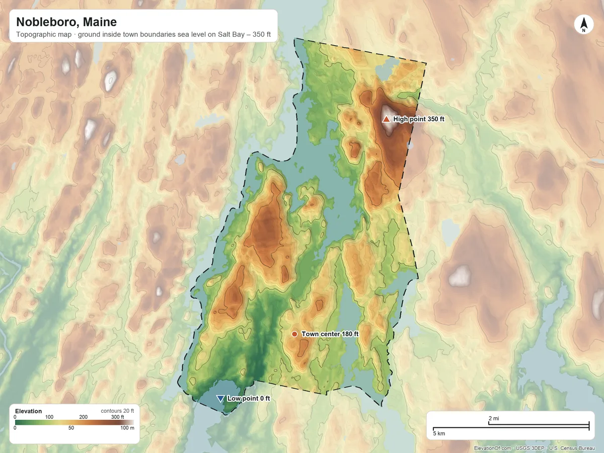 Topographic elevation map of Nobleboro, Maine, shaded from sea level level on Salt Bay to 350 ft on Eugley Hill
