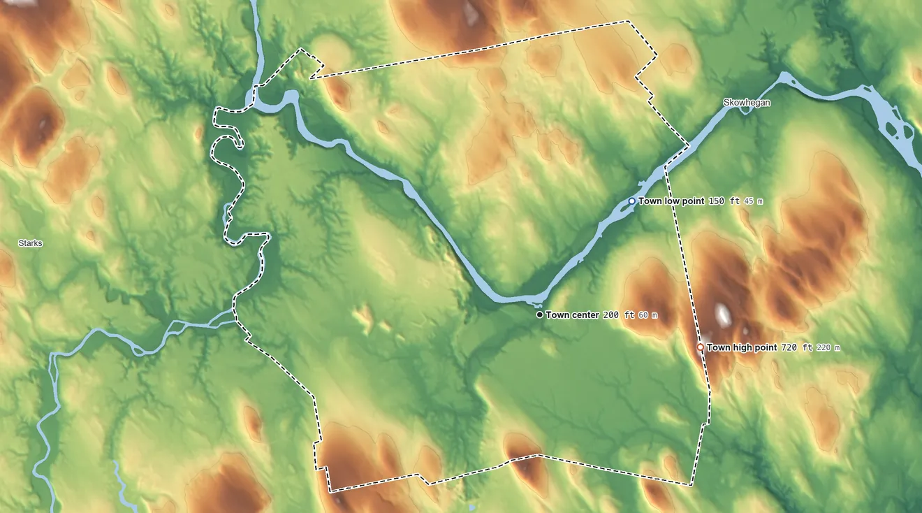 Topographic elevation map of Norridgewock, Maine, shaded from 150 ft on the northeast side to 720 ft on the east side
