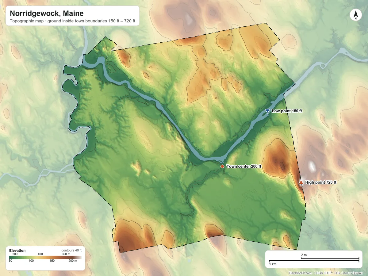 Topographic elevation map of Norridgewock, Maine, shaded from 150 ft on the northeast side to 720 ft on the east side