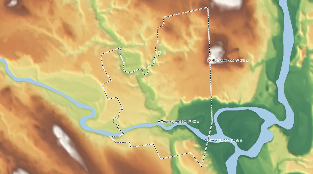 Topographic elevation map of North Anson, Maine, shaded from 250 ft on the east side to 450 ft on the northeast side