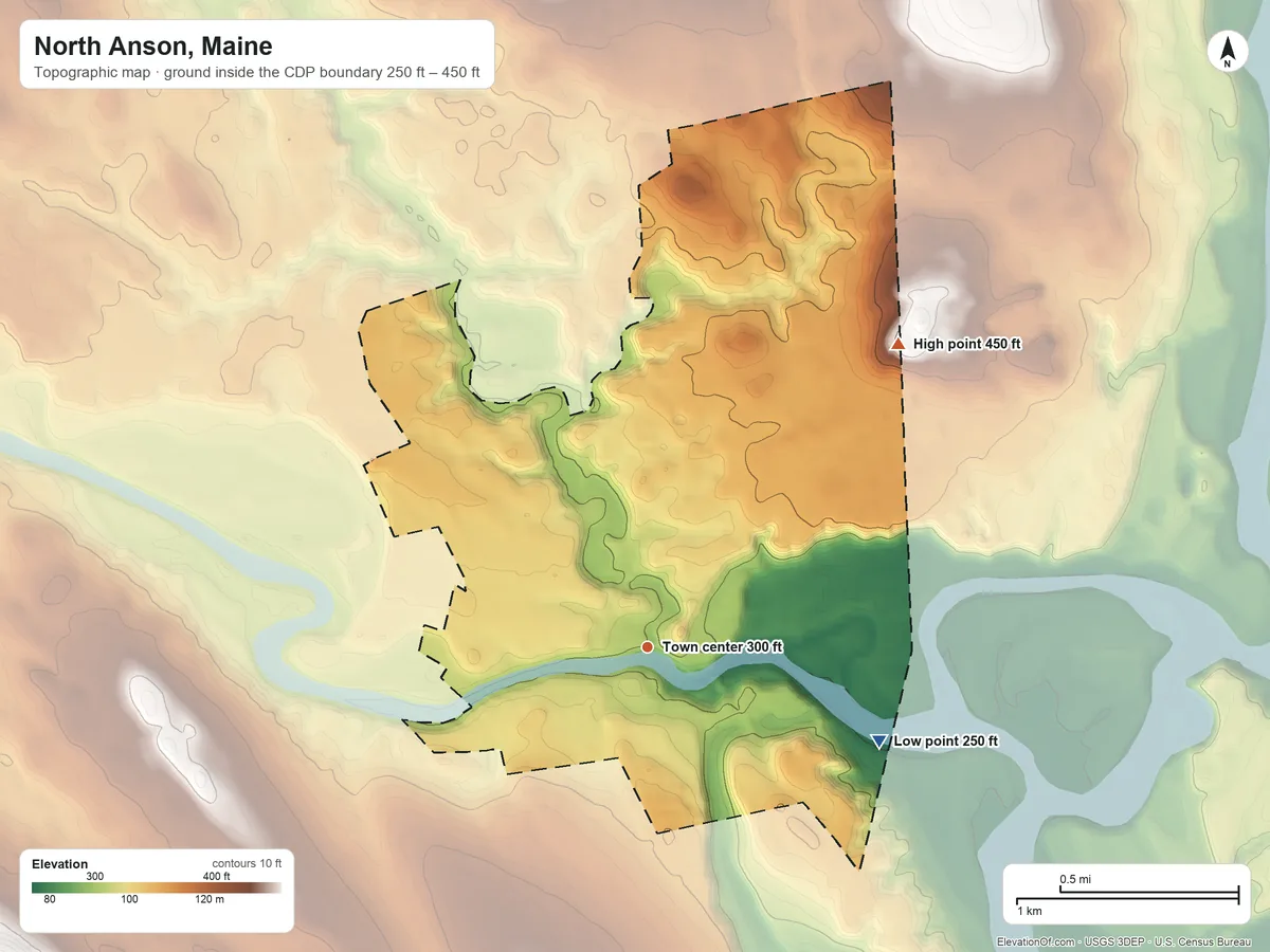 Topographic elevation map of North Anson, Maine, shaded from 250 ft on the east side to 450 ft on the northeast side