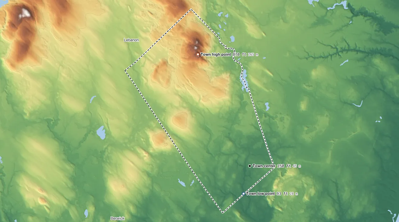 Topographic elevation map of North Berwick, Maine, shaded from 93 ft on the south side to 867 ft on Bauneg Beg Mountain