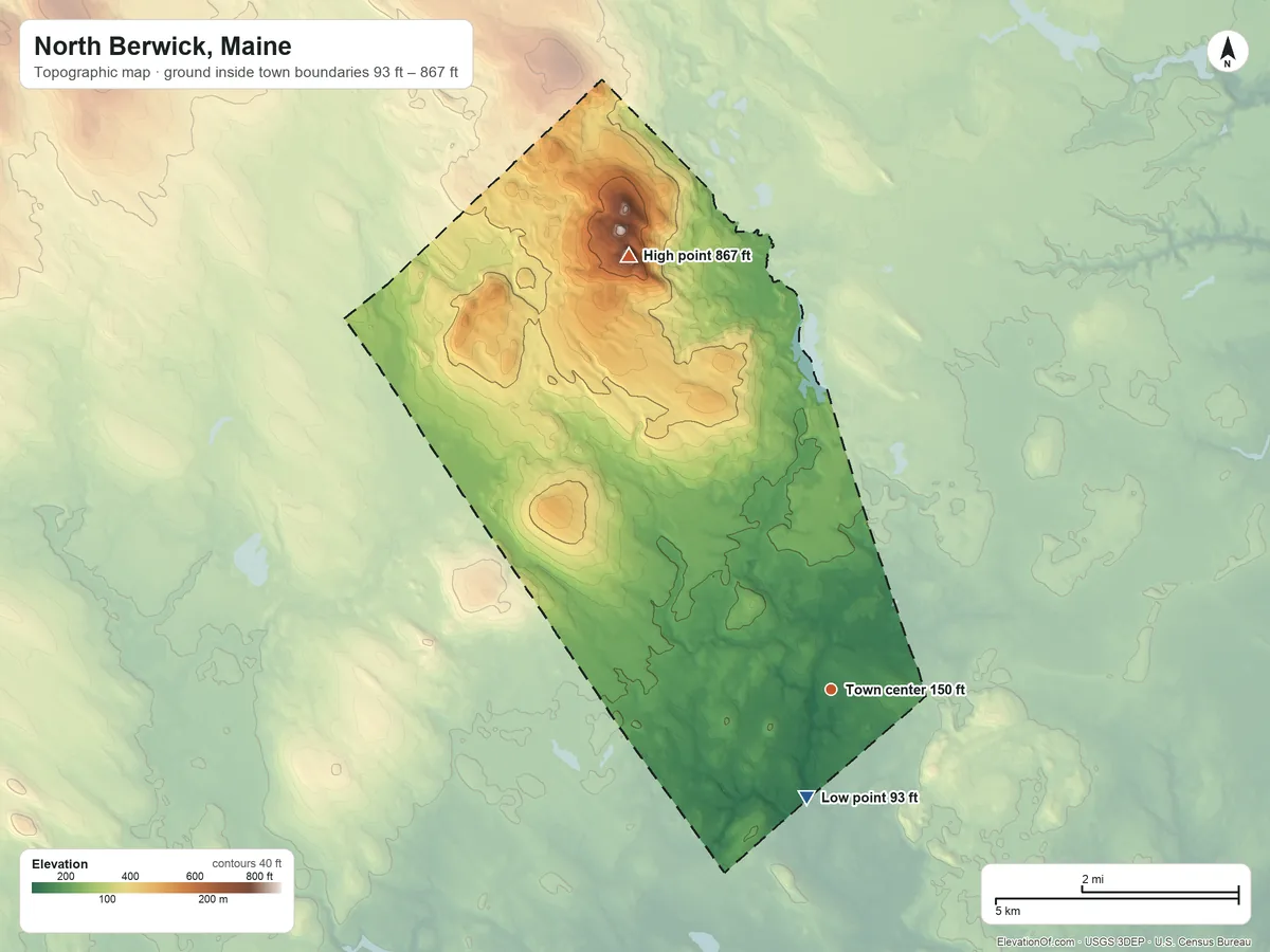 Topographic elevation map of North Berwick, Maine, shaded from 93 ft on the south side to 867 ft on Bauneg Beg Mountain