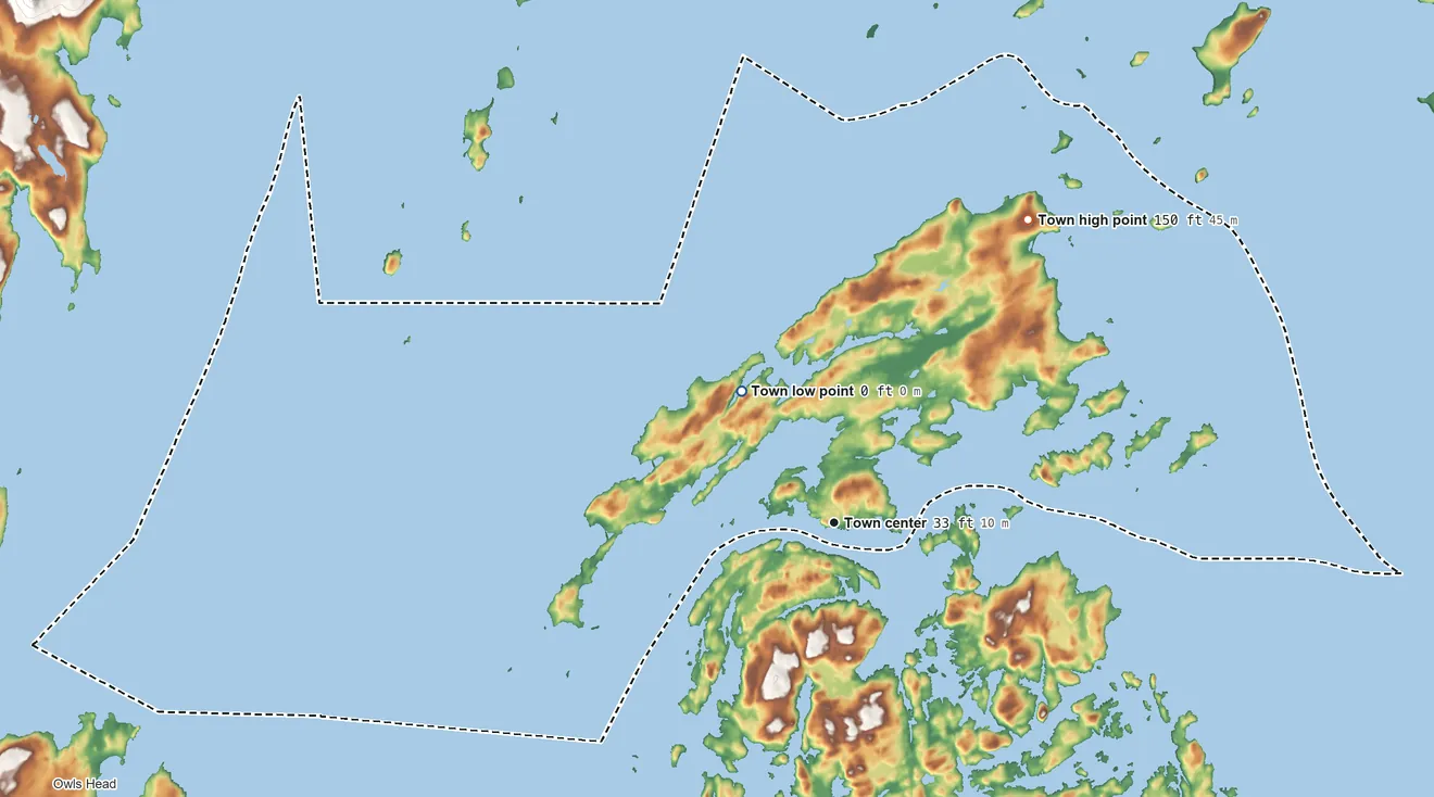 Topographic elevation map of North Haven, Maine, shaded from sea level level on Ames Creek to 150 ft on Oak Hill