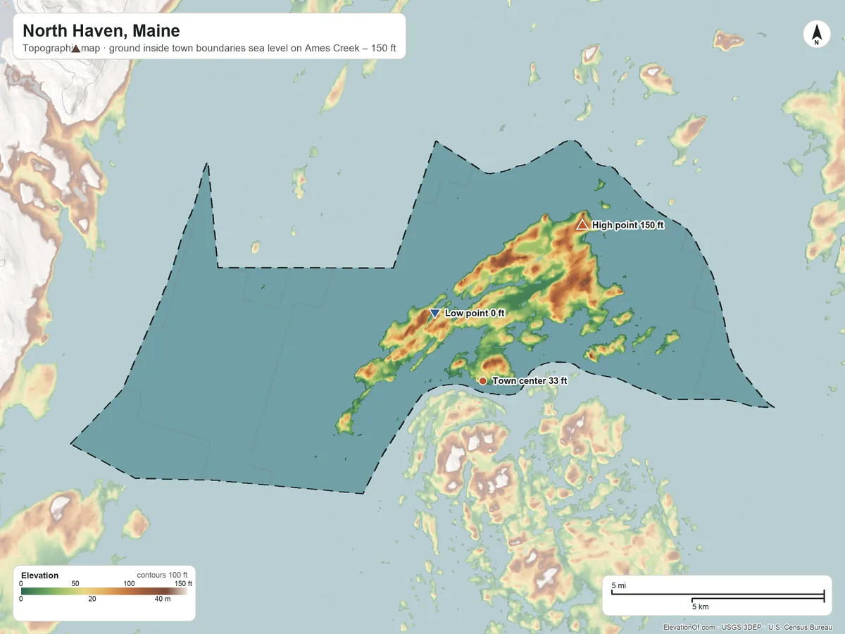 Topographic elevation map of North Haven, Maine, shaded from sea level level on Ames Creek to 150 ft on Oak Hill