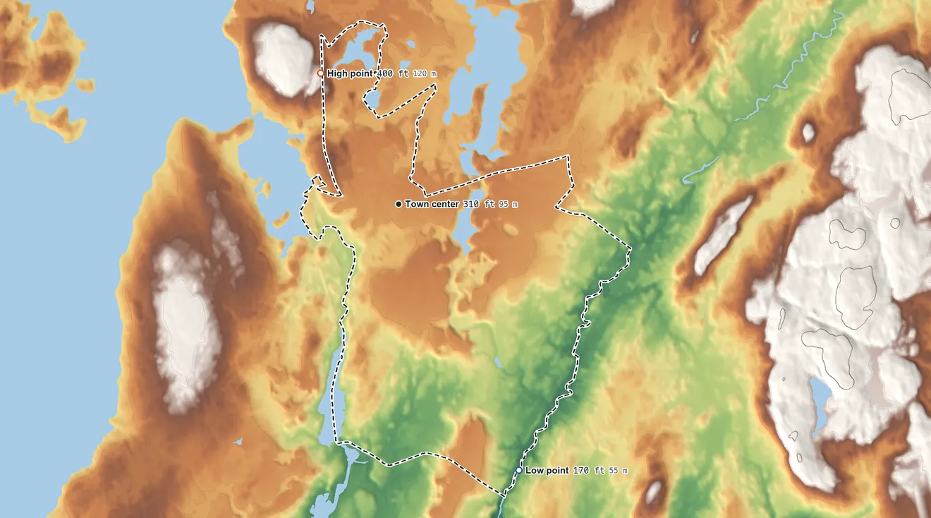 Topographic elevation map of North Windham, Maine, shaded from 170 ft on the southeast side to 400 ft on the northwest side