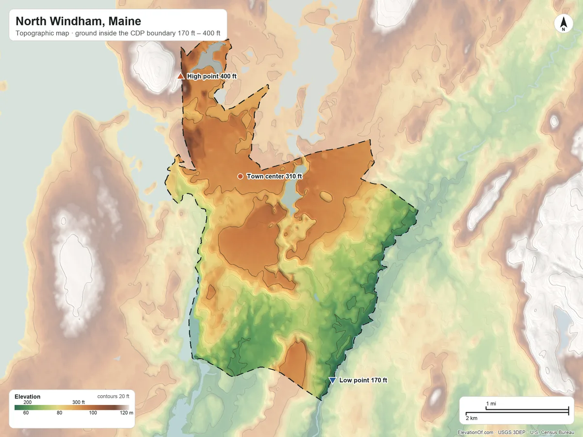 Topographic elevation map of North Windham, Maine, shaded from 170 ft on the southeast side to 400 ft on the northwest side