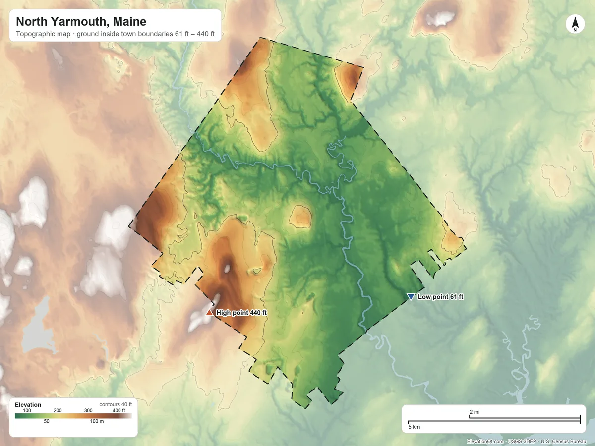 Topographic elevation map of North Yarmouth, Maine, shaded from 61 ft on the southeast side to 440 ft on the southwest edge, below higher ground just outside