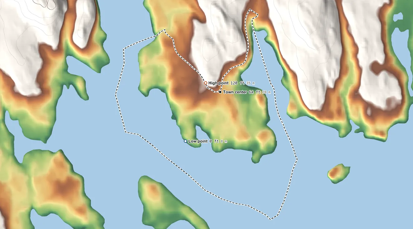 Topographic elevation map of Northeast Harbor, Maine, shaded from 0 ft on the southwest side to 120 ft at the foot of the The Bubbles