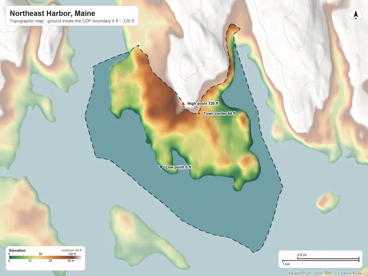 Topographic elevation map of Northeast Harbor, Maine, shaded from 0 ft on the southwest side to 120 ft at the foot of the The Bubbles
