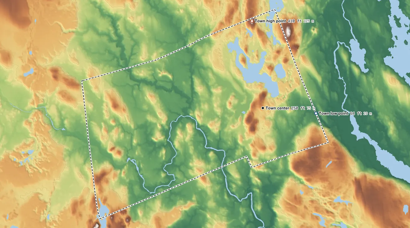 Topographic elevation map of Northfield, Maine, shaded from 64 ft on the east side to 410 ft on the north side