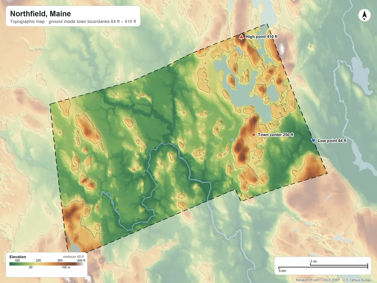 Topographic elevation map of Northfield, Maine, shaded from 64 ft on the east side to 410 ft on the north side