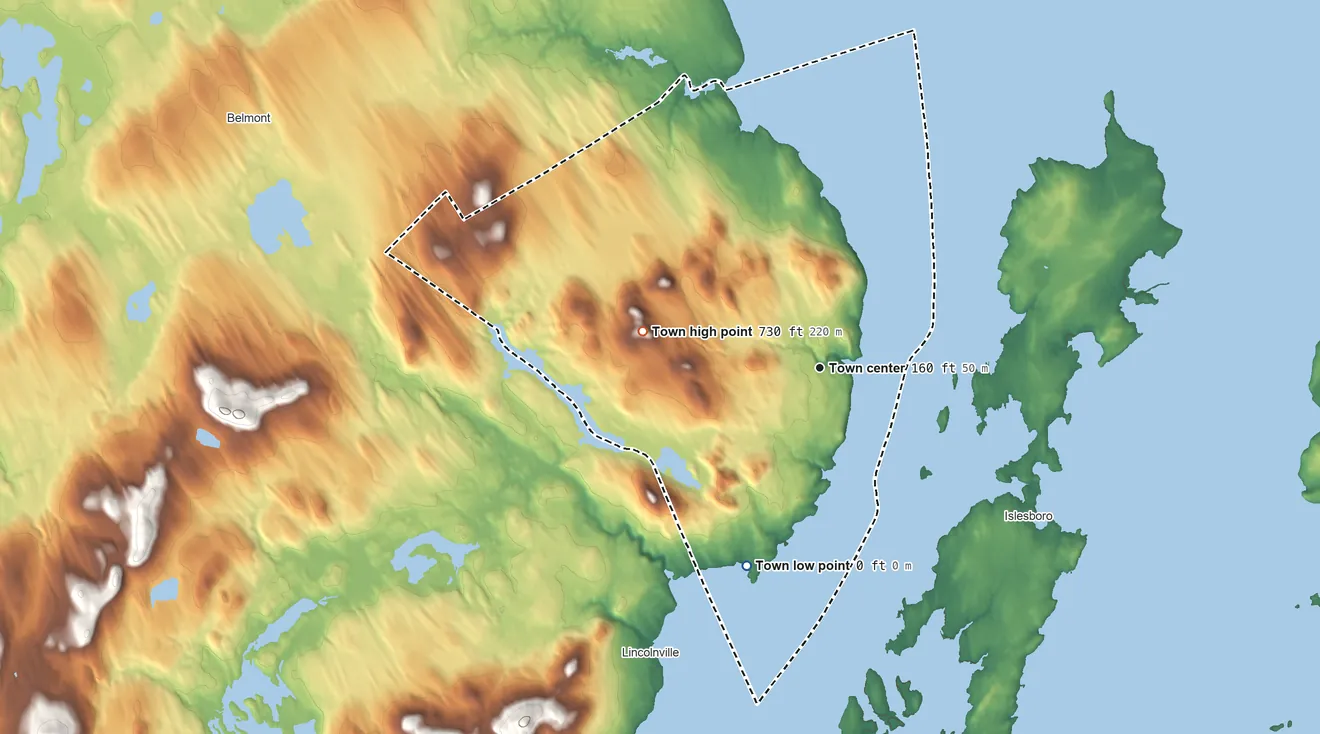 Topographic elevation map of Northport, Maine, shaded from sea level level on West Penobscot Bay to 730 ft on the west side