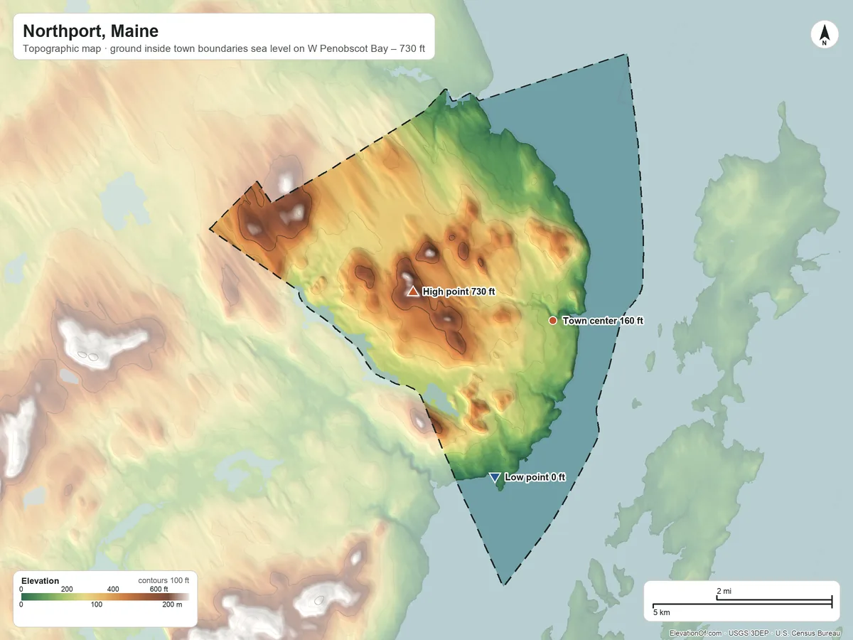 Topographic elevation map of Northport, Maine, shaded from sea level level on West Penobscot Bay to 730 ft on the west side