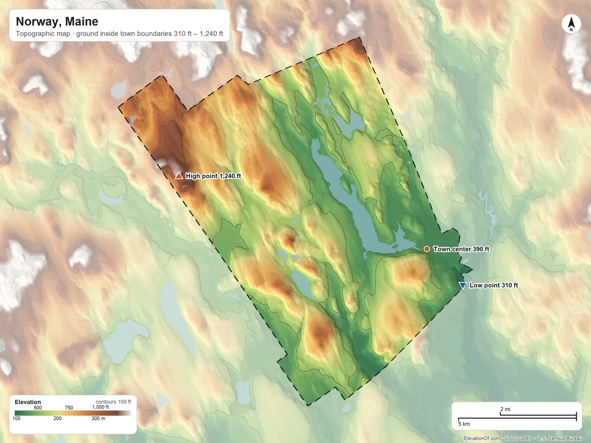 Topographic elevation map of Norway, Maine, shaded from 310 ft near the middle to 1,240 ft on Newcomb Mountain