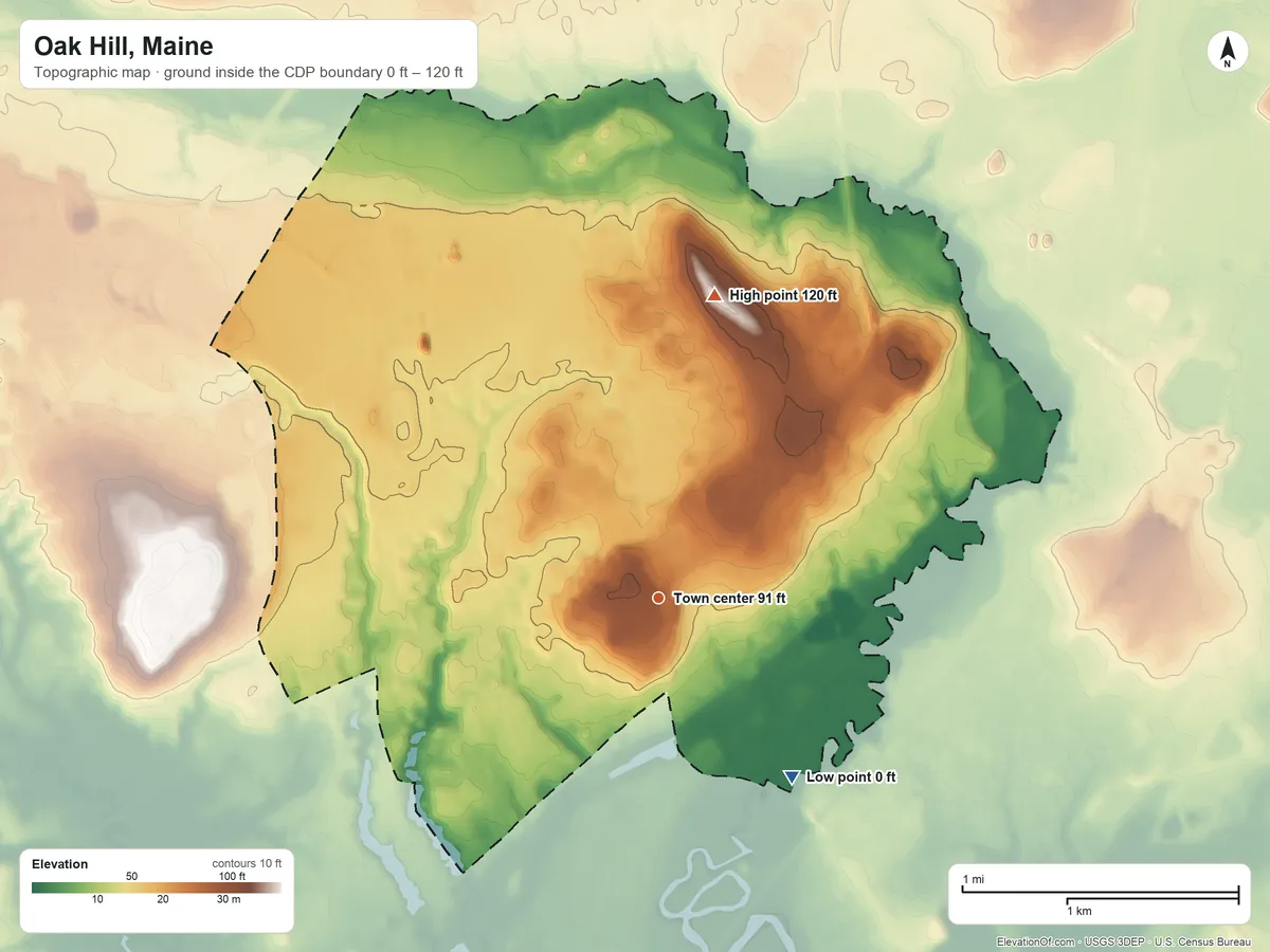 Topographic elevation map of Oak Hill, Maine, shaded from 0 ft on the southeast side to 120 ft on Hunnewell Hill