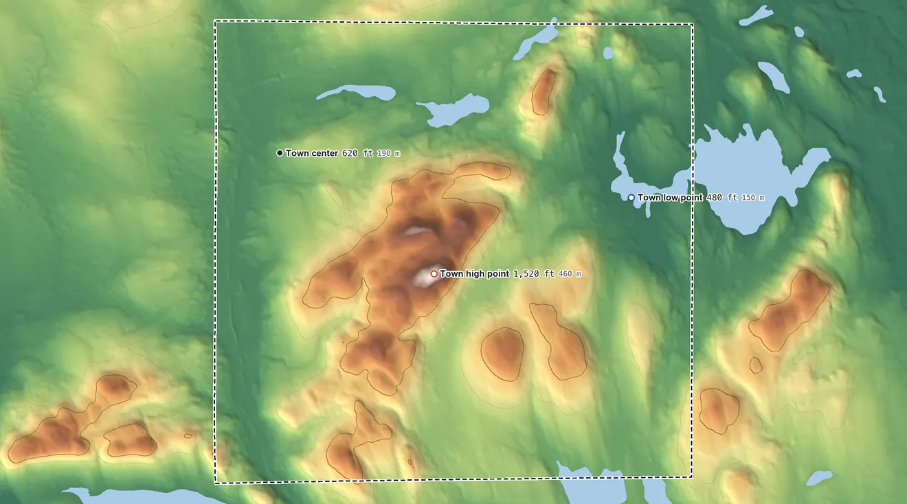Topographic elevation map of Oakfield, Maine, shaded from 480 ft on the east side to 1,520 ft on Sam Drew Mountain