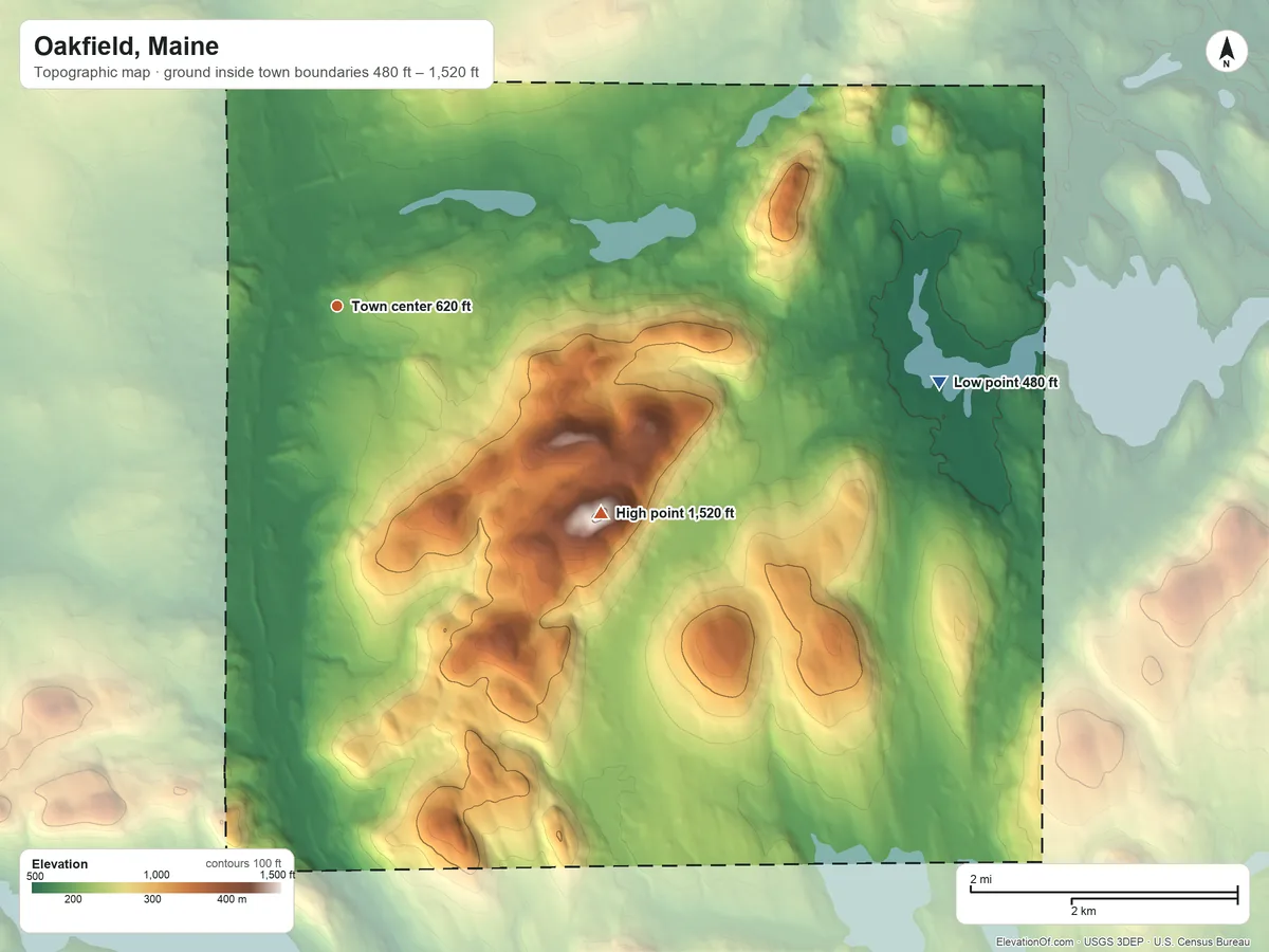 Topographic elevation map of Oakfield, Maine, shaded from 480 ft on the east side to 1,520 ft on Sam Drew Mountain