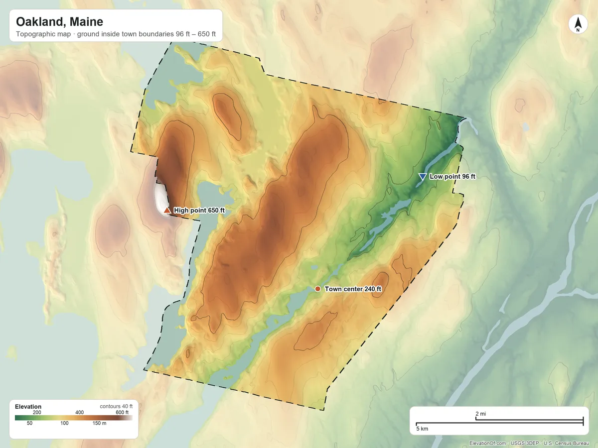 Topographic elevation map of Oakland, Maine, shaded from 96 ft on the northeast side to 650 ft on the northwest edge, below higher ground just outside