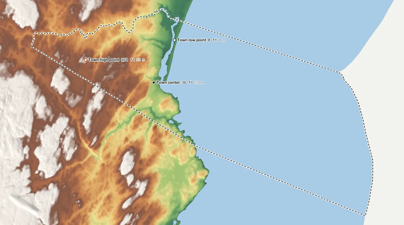 Topographic elevation map of Ogunquit, Maine, shaded from 0 ft on the northeast side to 170 ft on the west side