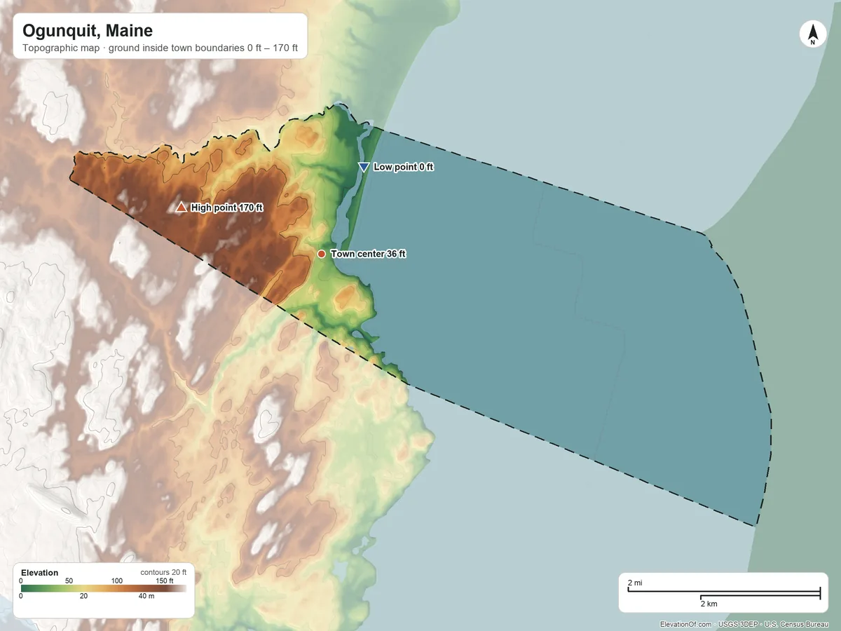 Topographic elevation map of Ogunquit, Maine, shaded from 0 ft on the northeast side to 170 ft on the west side