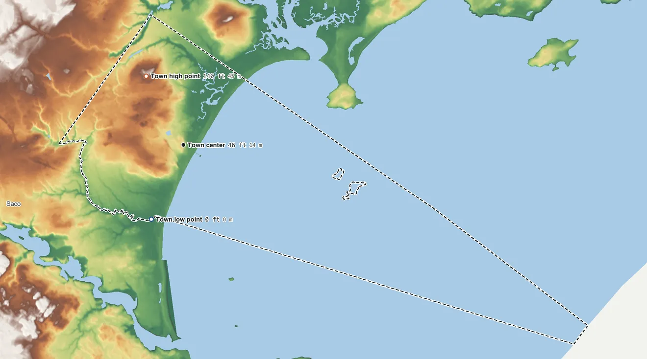 Topographic elevation map of Old Orchard Beach, Maine, shaded from sea level level on the Atlantic Ocean to 140 ft on the northwest side