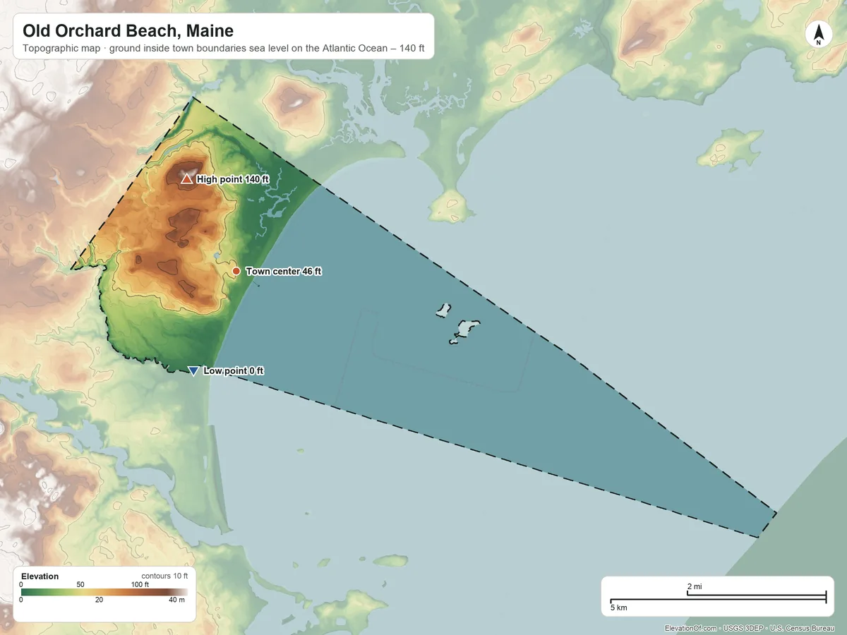 Topographic elevation map of Old Orchard Beach, Maine, shaded from sea level level on the Atlantic Ocean to 140 ft on the northwest side