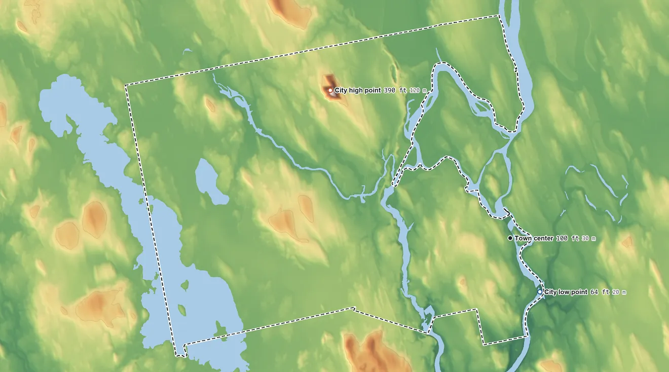 Topographic elevation map of Old Town, Maine, shaded from 64 ft on the southeast side to 390 ft on the northwest side
