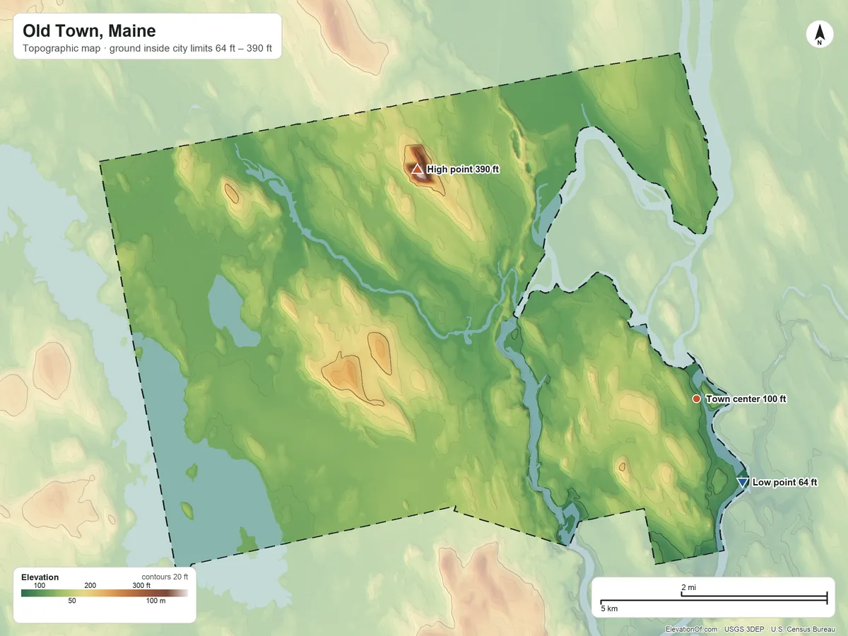 Topographic elevation map of Old Town, Maine, shaded from 64 ft on the southeast side to 390 ft on the northwest side