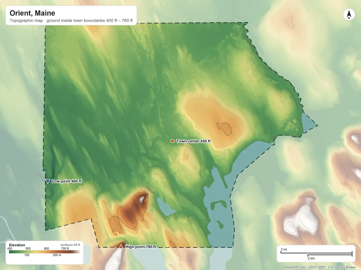 Topographic elevation map of Orient, Maine, shaded from 400 ft on the west side to 780 ft on the southwest side