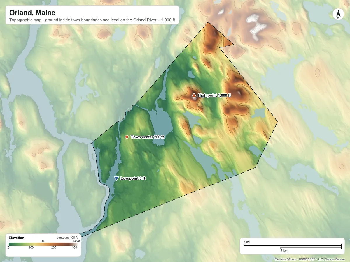 Topographic elevation map of Orland, Maine, shaded from sea level level on the Orland River to 1,000 ft on Great Pond Mountain