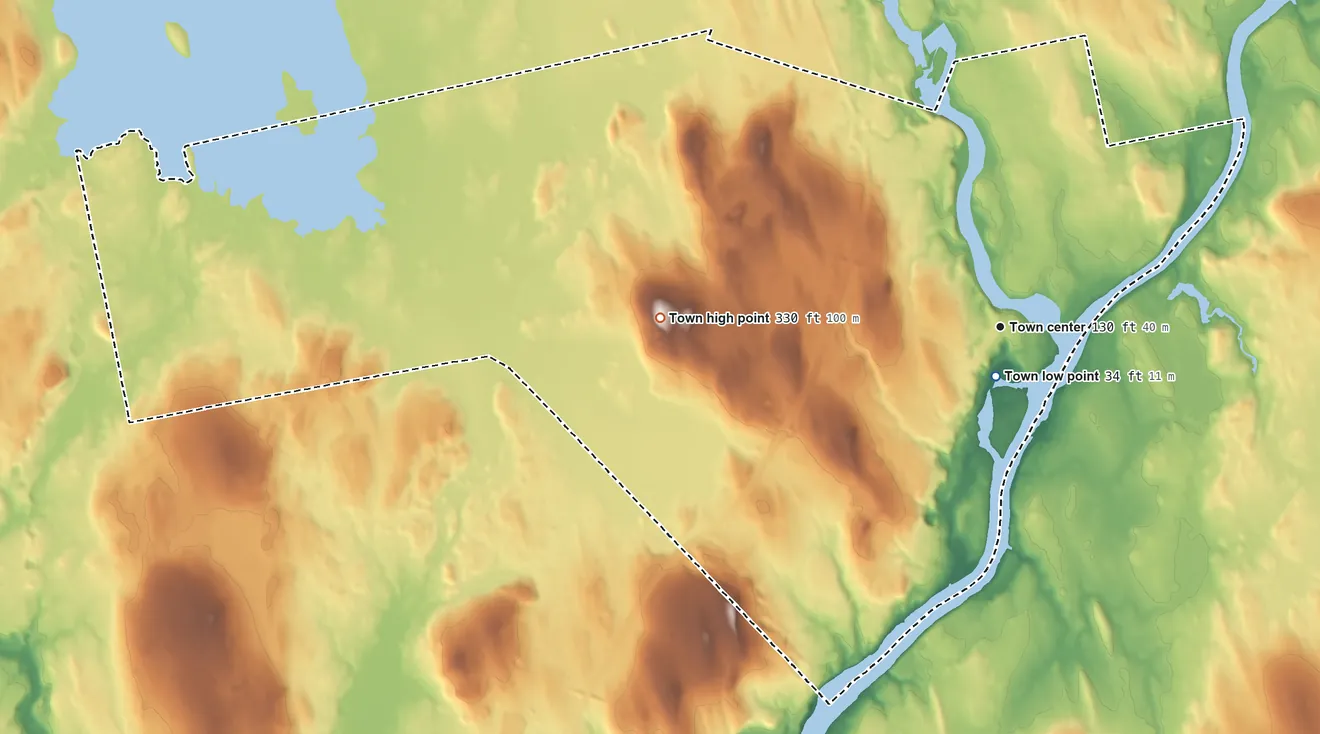 Topographic elevation map of Orono, Maine, shaded from 34 ft near the middle to 333 ft on Kelley Hill