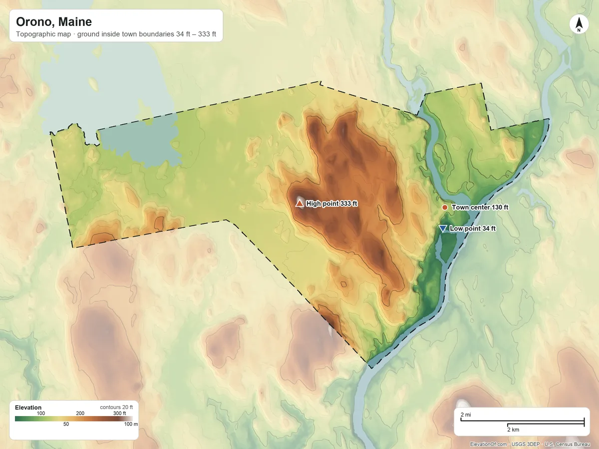 Topographic elevation map of Orono, Maine, shaded from 34 ft near the middle to 333 ft on Kelley Hill