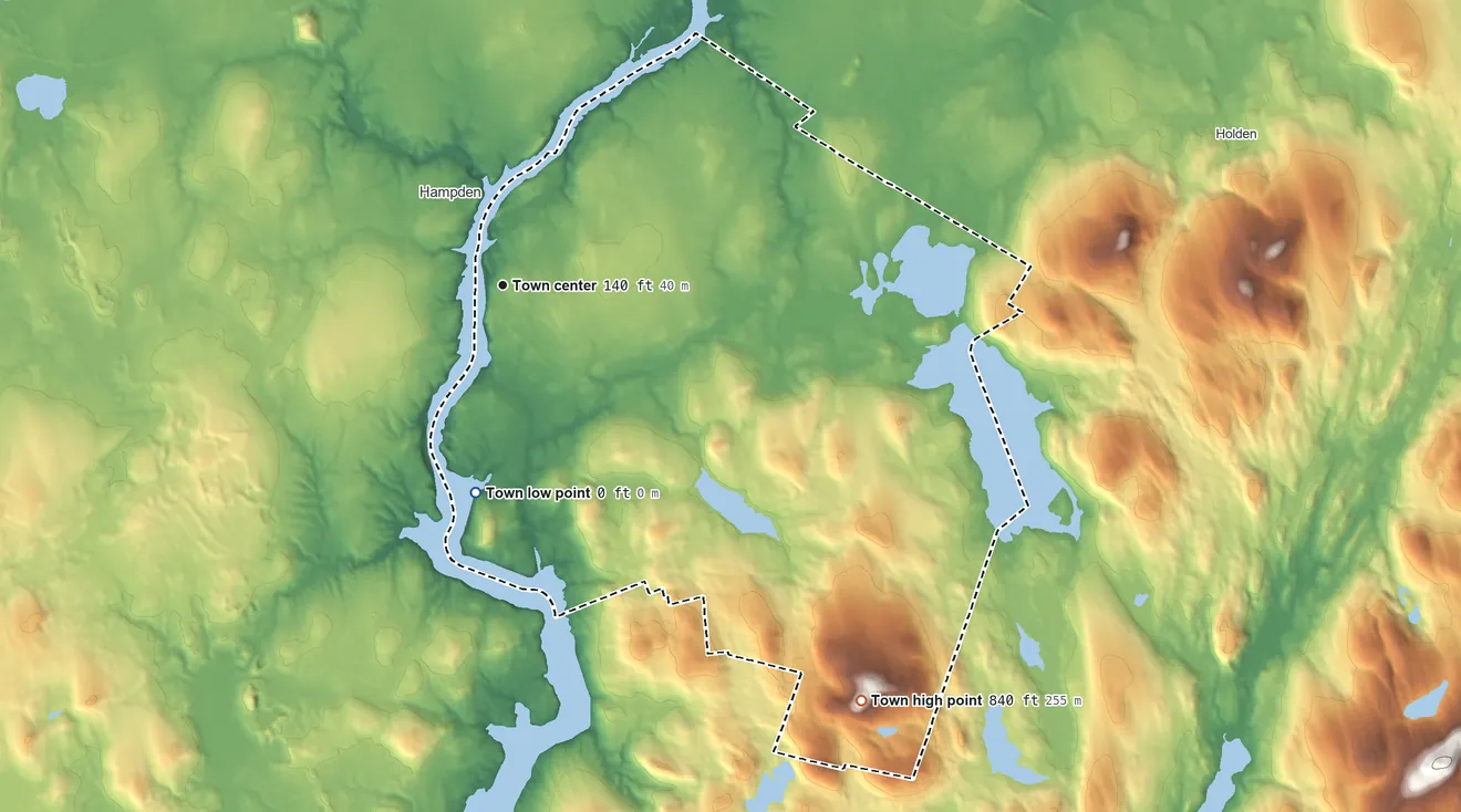 Topographic elevation map of Orrington, Maine, shaded from 0 ft on the south side to 840 ft on Kings Mountain