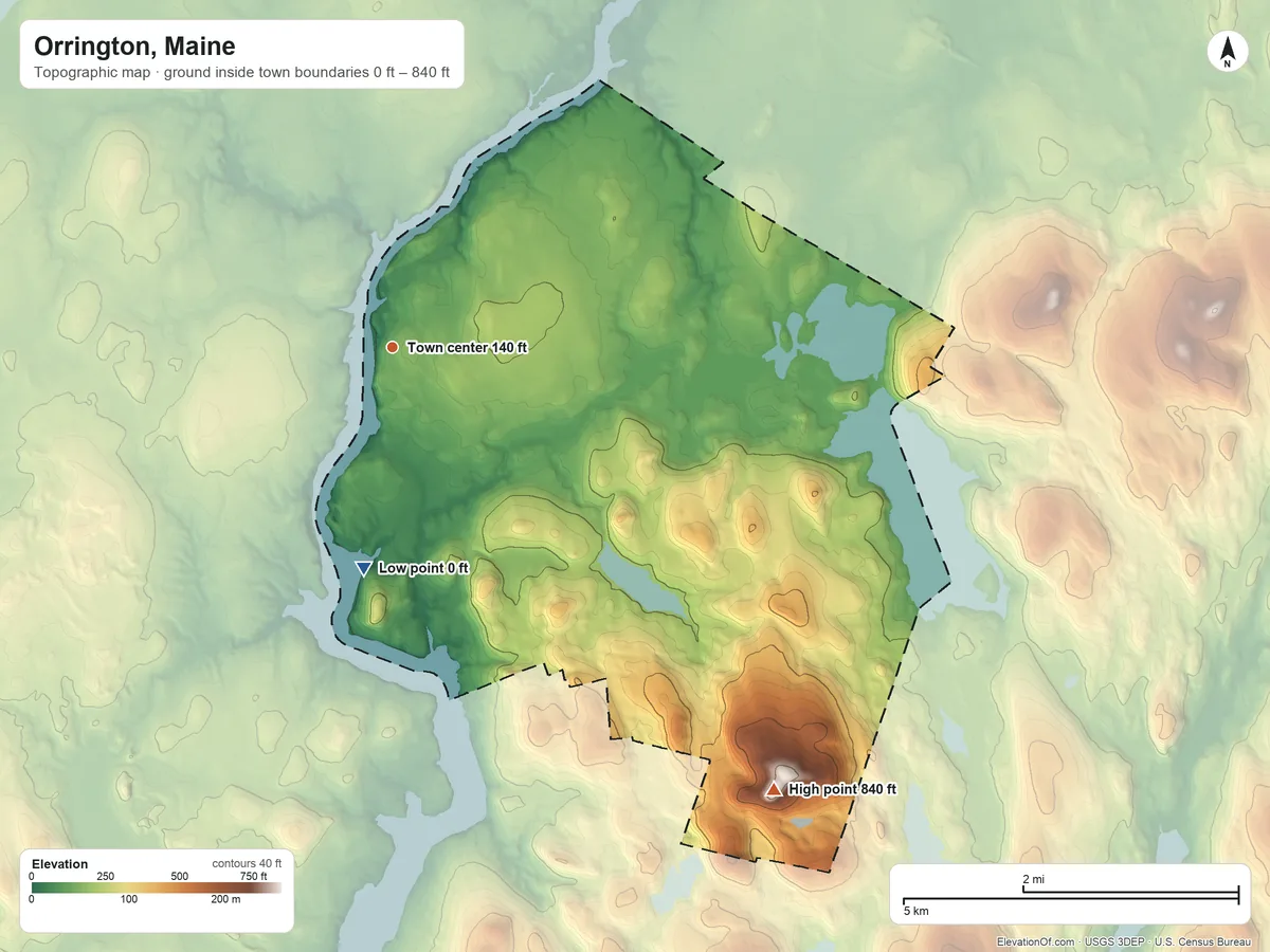 Topographic elevation map of Orrington, Maine, shaded from 0 ft on the south side to 840 ft on Kings Mountain