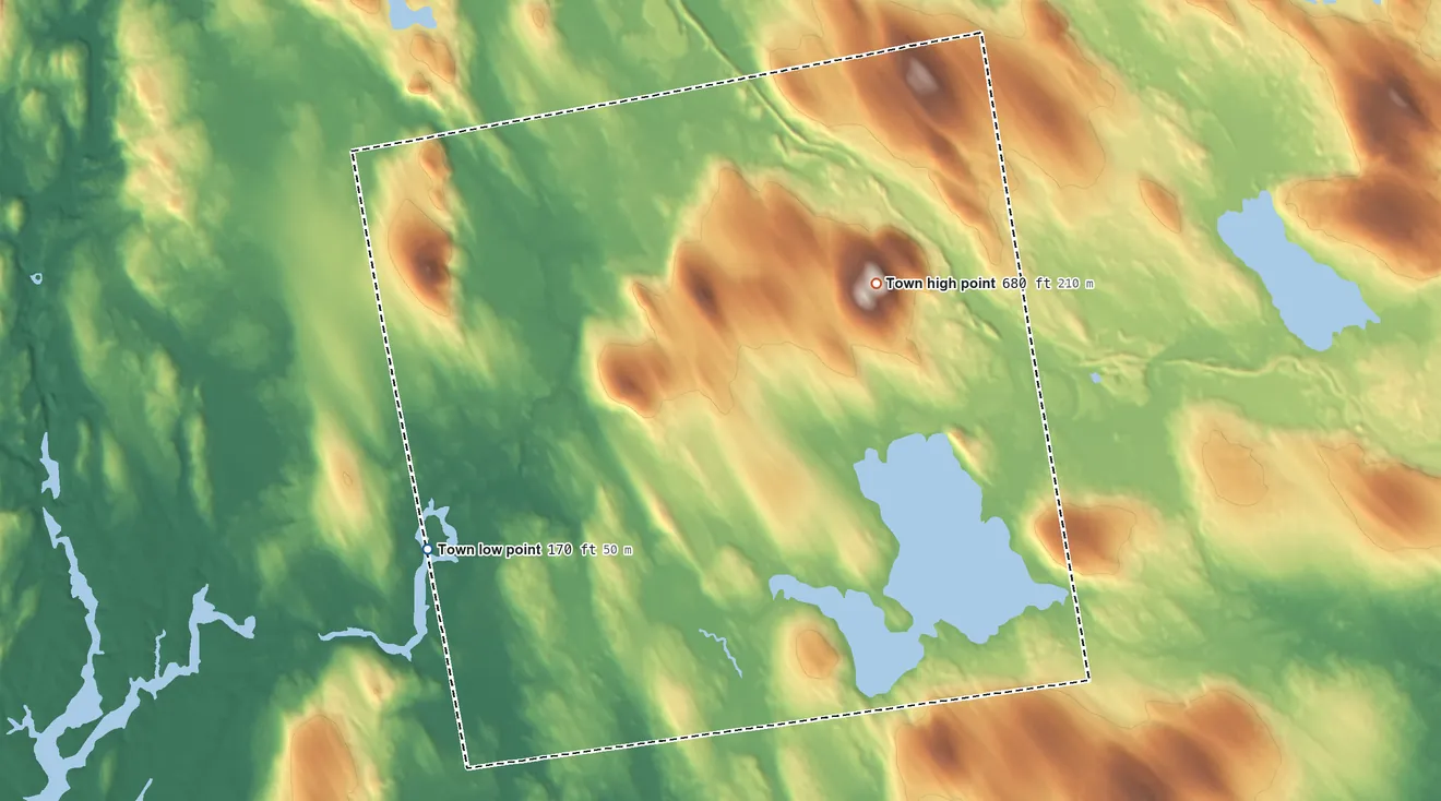 Topographic elevation map of Osborn, Maine, shaded from 170 ft on the south side to 680 ft on the east side