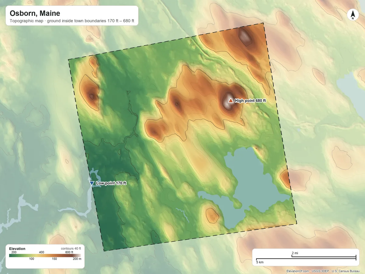 Topographic elevation map of Osborn, Maine, shaded from 170 ft on the south side to 680 ft on the east side