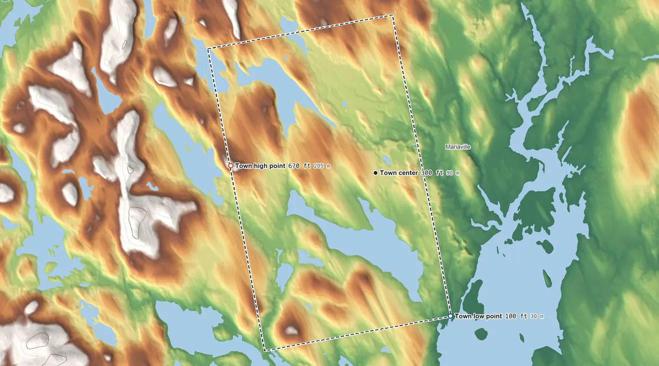 Topographic elevation map of Otis, Maine, shaded from 100 ft on the southeast side to 670 ft on the west side