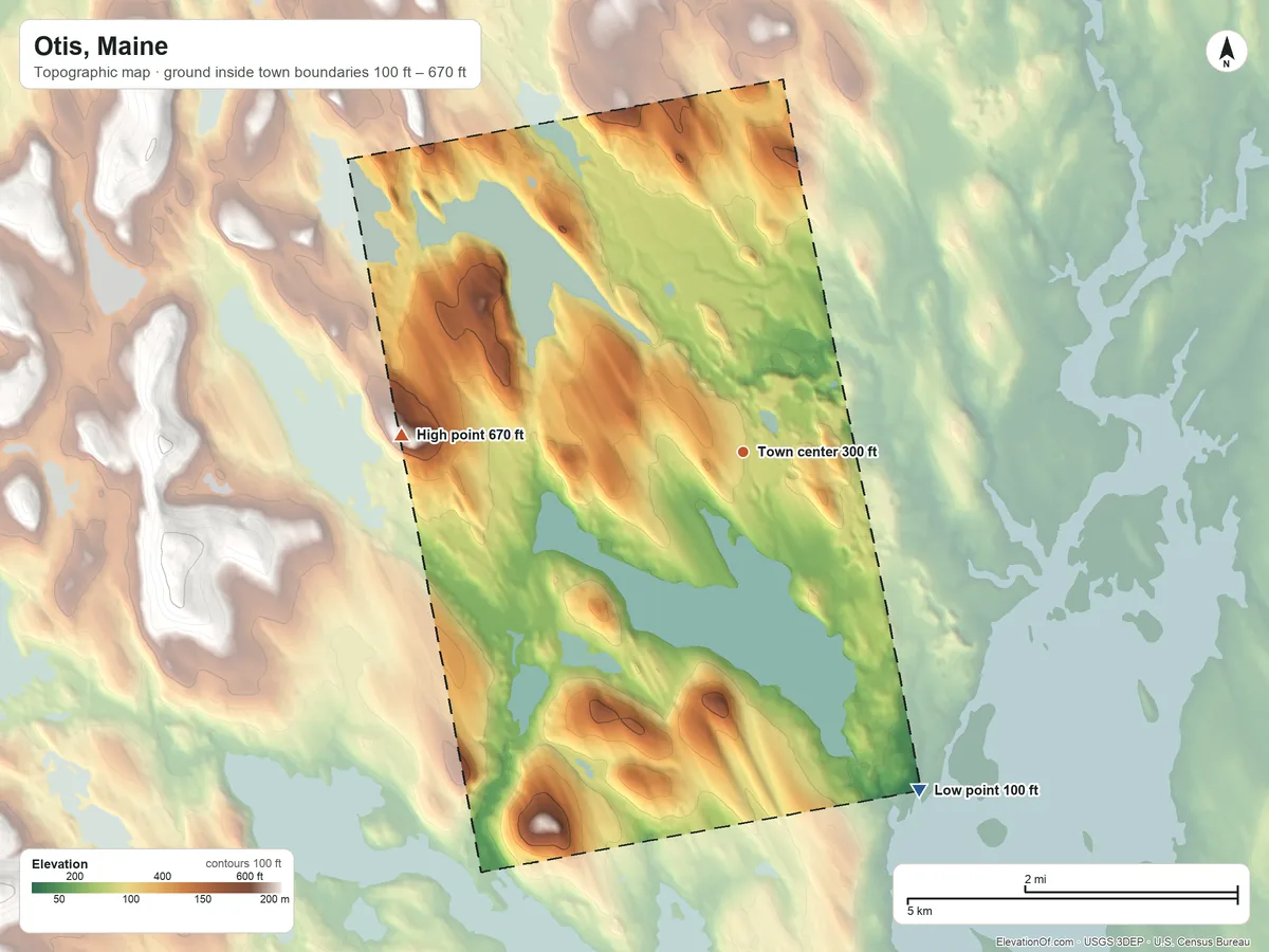 Topographic elevation map of Otis, Maine, shaded from 100 ft on the southeast side to 670 ft on the west side