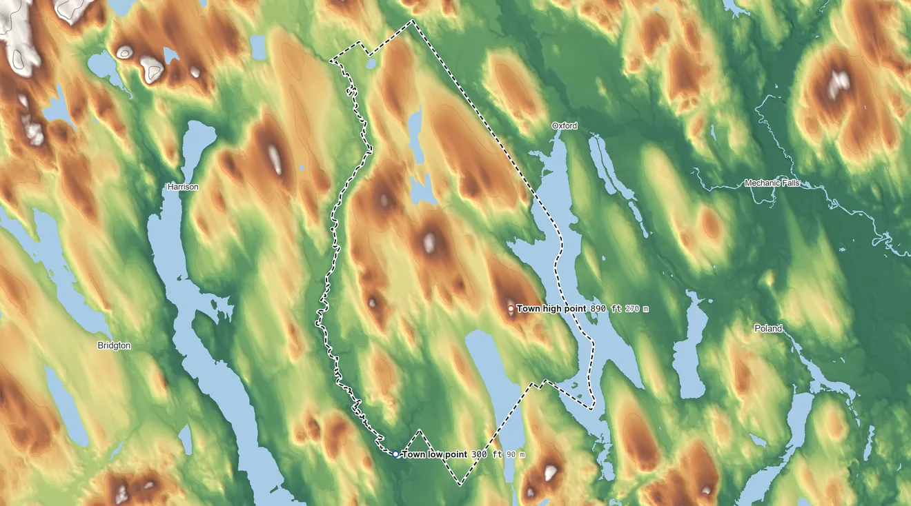 Topographic elevation map of Otisfield, Maine, shaded from 300 ft on the south side to 890 ft on Scribner Hill