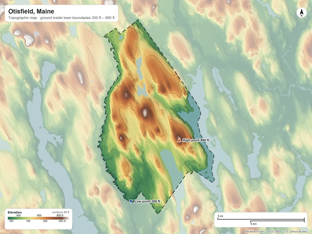 Topographic elevation map of Otisfield, Maine, shaded from 300 ft on the south side to 890 ft on Scribner Hill