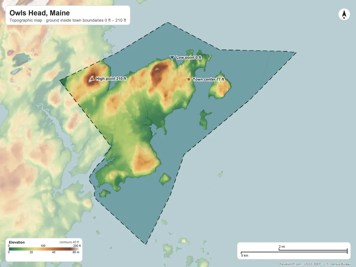 Topographic elevation map of Owls Head, Maine, shaded from 0 ft near the middle to 210 ft on Ingraham Hill