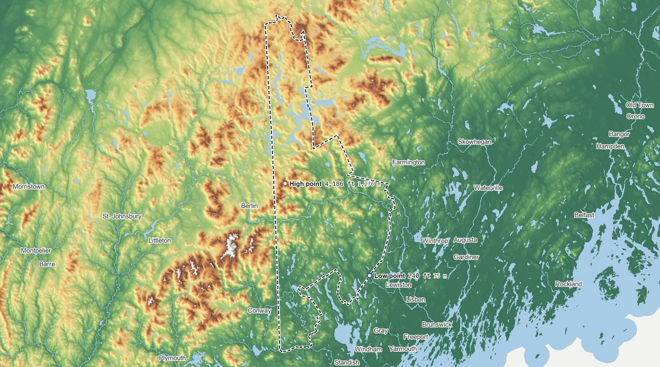 Topographic elevation map of Oxford County, Maine, shaded from 240 ft on the southeast side to 4,186 ft on Old Speck Mountain